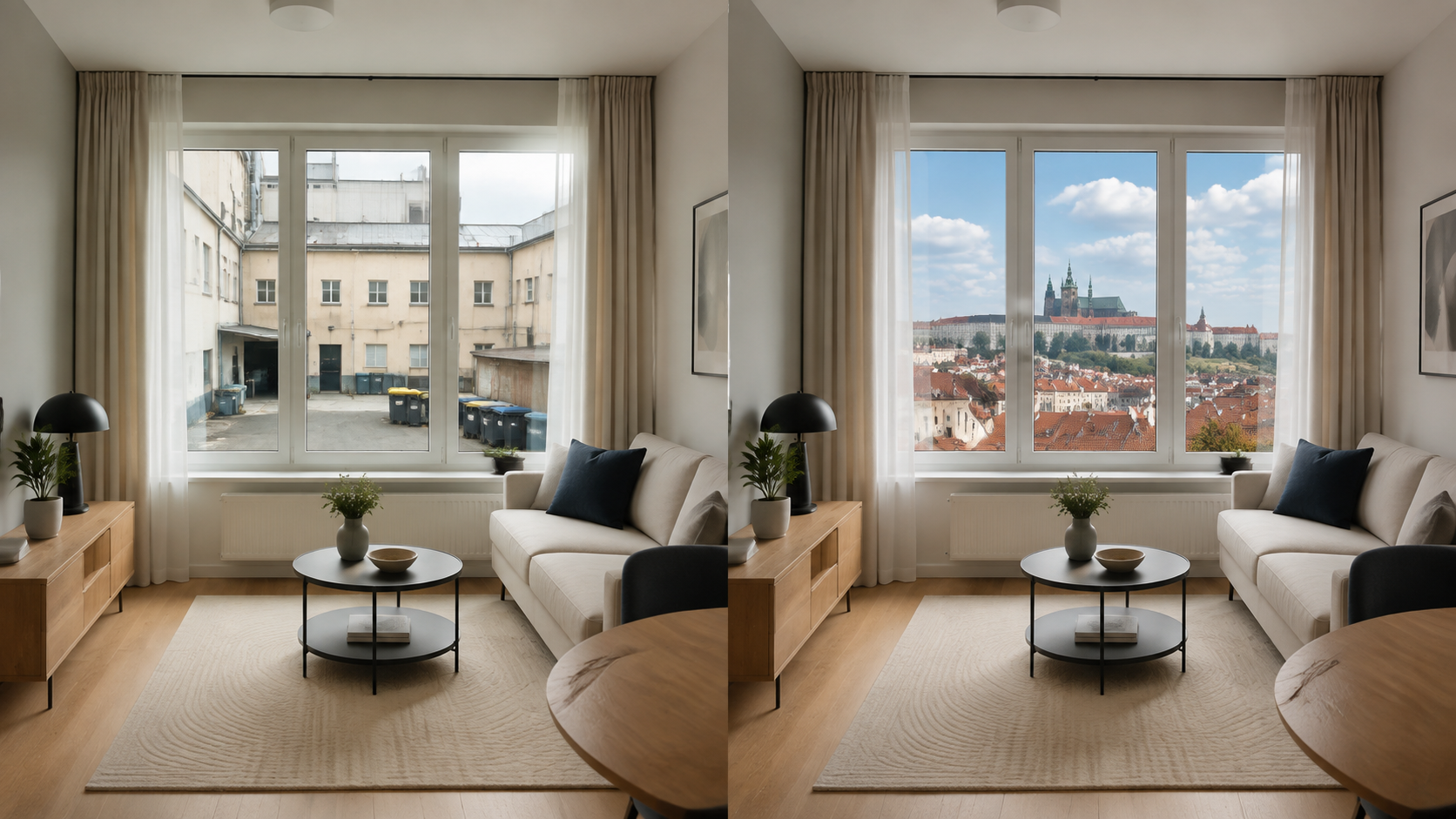 Stejný byt s výhledem do provozního dvora a na Pražský hrad